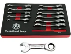 Britool Hallmark BHSRWSET12 12 Piece Stubby Ratchet Combination Spanner Set In Foam Tray