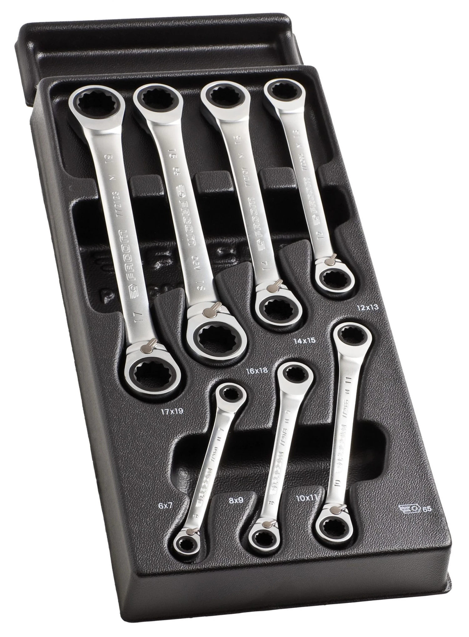 Facom MOD.65J7 7 Piece Metric Ratcheting Ring Spanner Wrench Set Supplied In Plastic Module Tray 6-19mm
